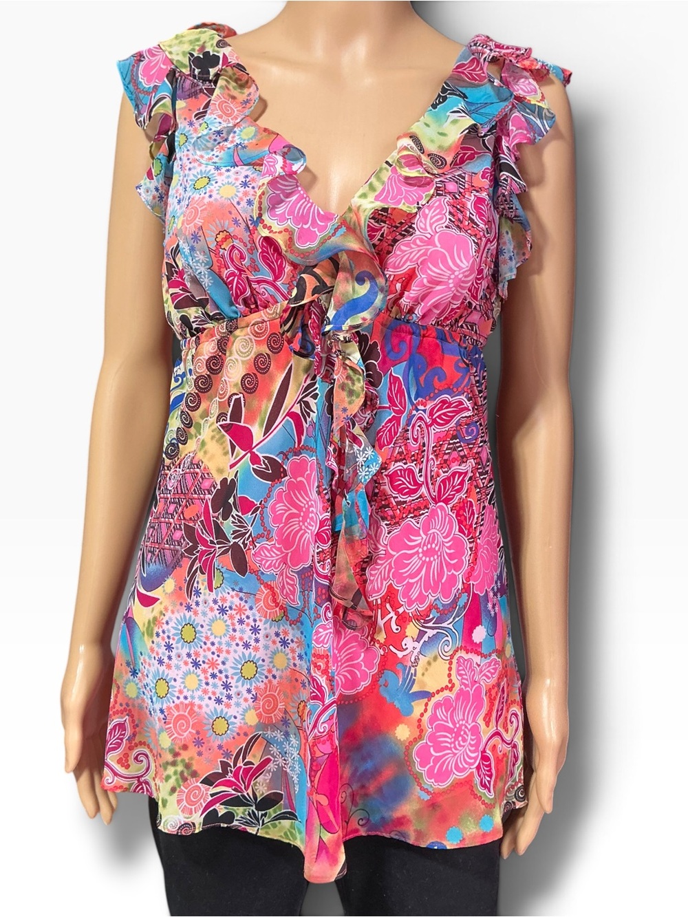 Y2K Bisou Bisou Pink Multi-Color Ruffled Tie-Front Camisole